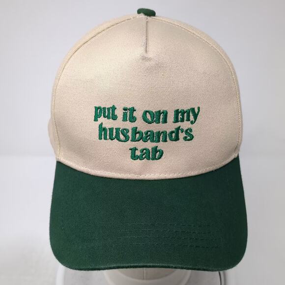 Put It On My Husband's Tab 5 Panel Hat Beige Green OS Adjustable Snapback Cap - Picture 2 of 8